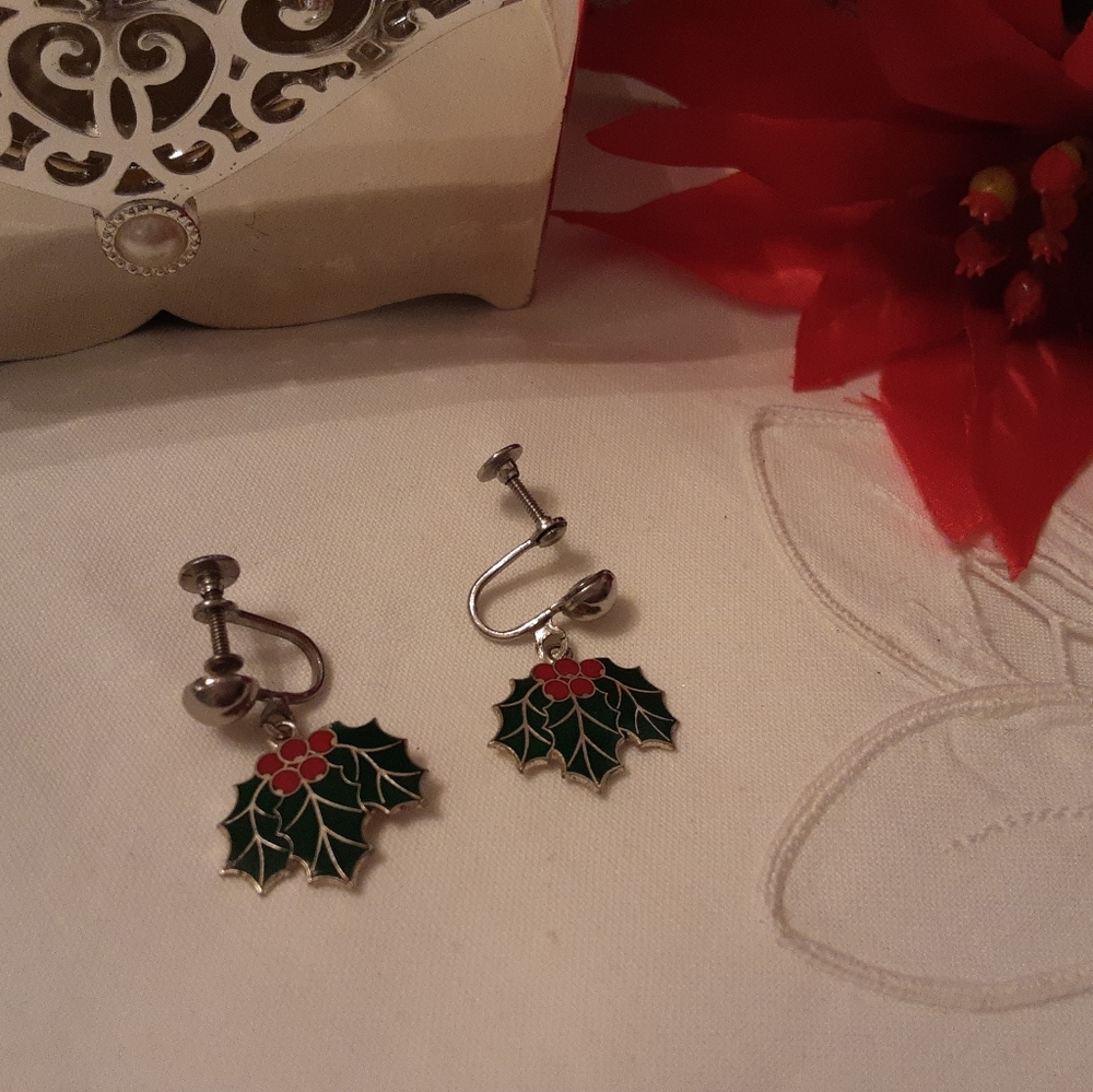 VINTAGE BEAU 925 STERLING SILVER SIGNED POINSETTIA DROP SCREW BACK EARRINGS
